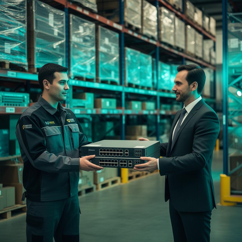 Técnico JoyWorx entregando equipamento de rede a cliente corporativo