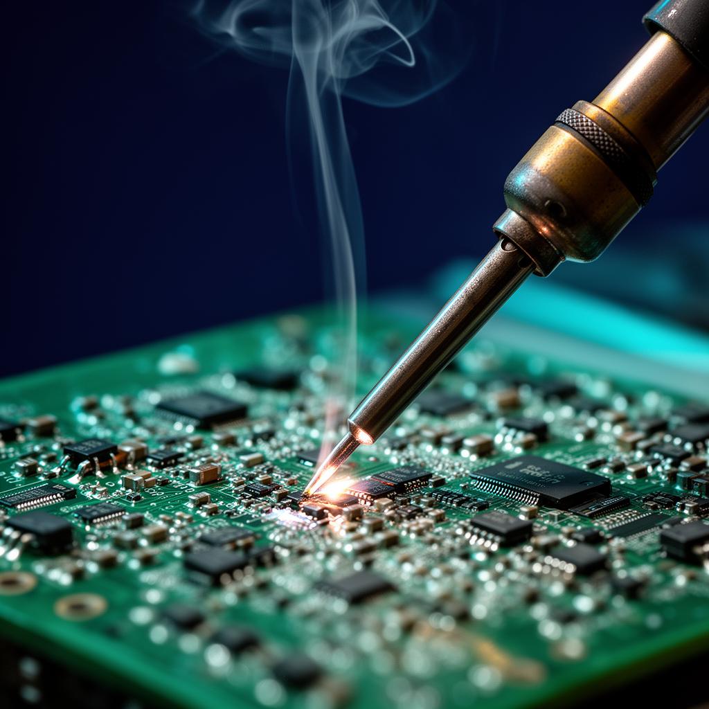 Macro de técnico soldando placa de circuito com precisão