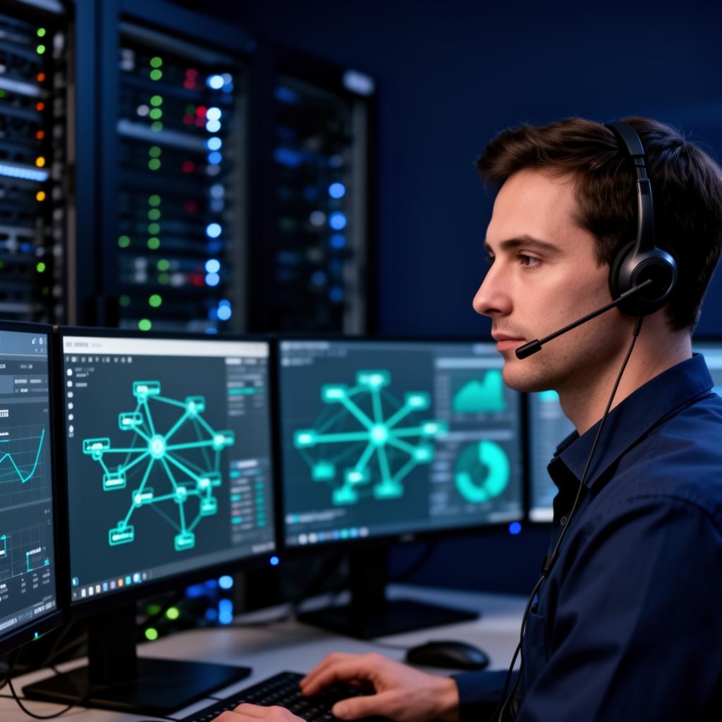 Especialista de suporte com headset monitorando topologia de rede